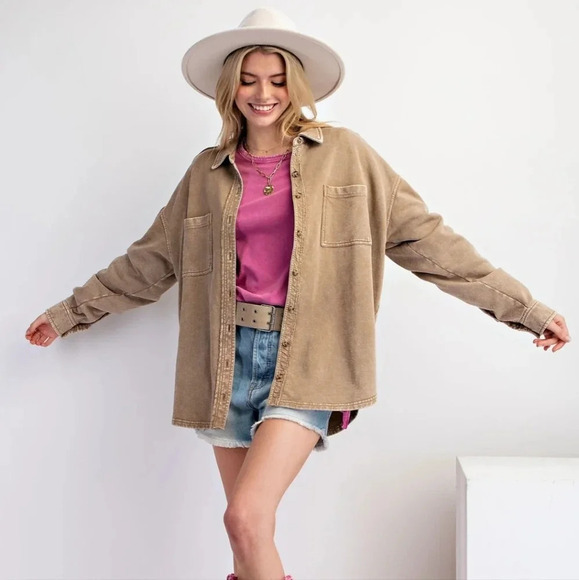 New Easel Wild & Free Mineral Washed Button Down Terry Knit Shirt Shacket - Picture 3 of 6